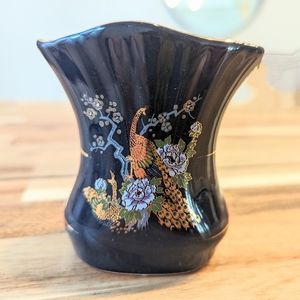 YChina Japan Vase 3.5" Tall: Cobalt And Gold Peacock And Peonies